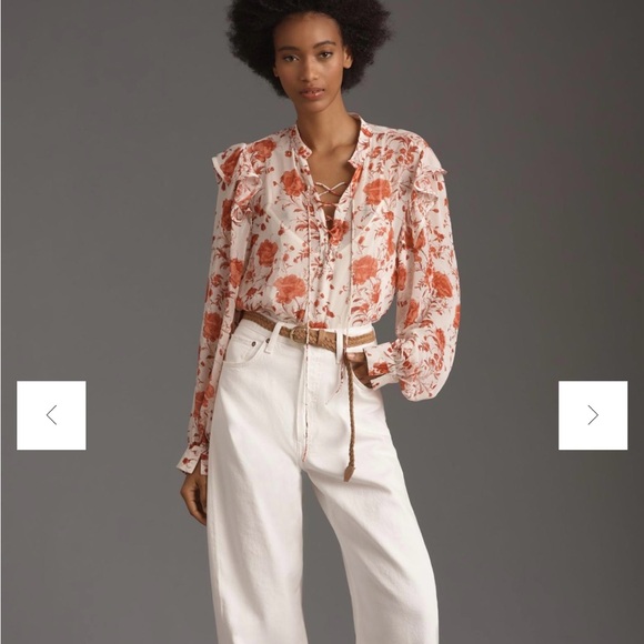 Anthropologie NWT | Maeve Long-sleeve Ruffled Sheer Blouse Pink Floral | XXS - Picture 2 of 2